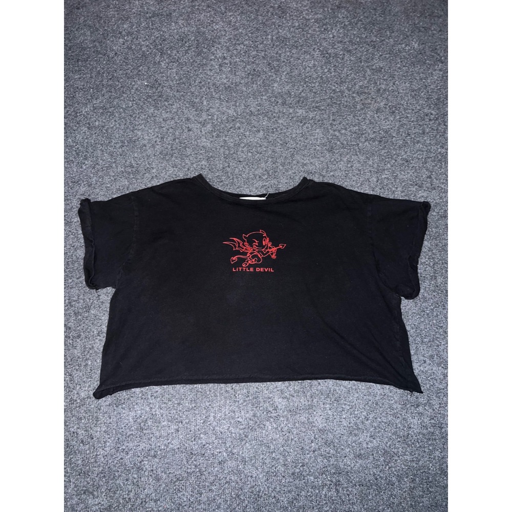 French Pastry Little Devil Graphic Crop Top Black Red XL Womens Short Sleeve